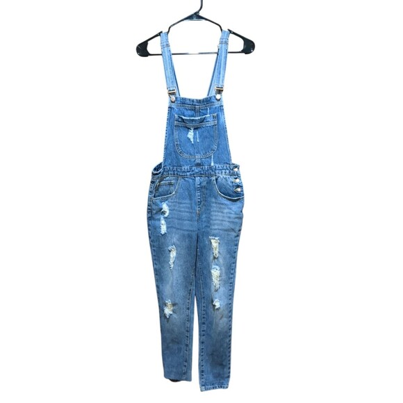 Forever 21 Womens Blue Denim Jean Bib Distressed Overalls One Piece Size 24 (0) - Picture 1 of 9